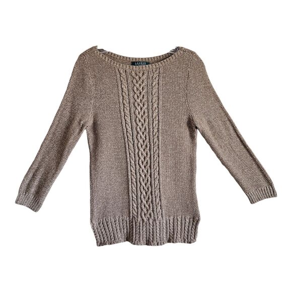 LAUREN RALPH LAUREN Petite PS PM Cable Knit Sweater Gold Metallic 3/4 Sleeve 34" - Picture 1 of 8
